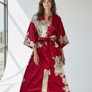 NWOT Asian aesthetic Natori red satin 3/4 sleeves kimono robe. Removable belt.